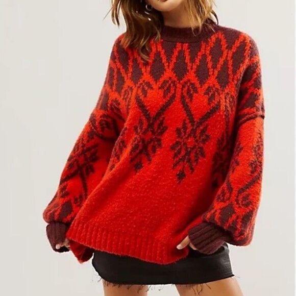 Free People Red Fireside Tunic Sweater Pullover Crewneck Sz Small - Picture 1 of 4